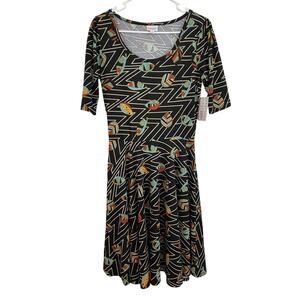 LuLaRoe Nicole Midi Dress M Womens Scoop Neck Printed Casual Stretch Elbow